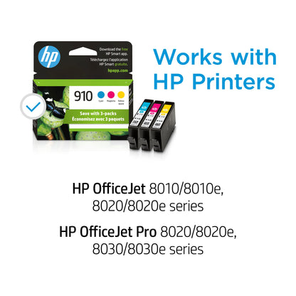 HP 910 Cyan, Magenta, Yellow Ink Cartridges for HP Printers (3-pack) | Works with Printer Series: OfficeJet 8010, 8020 Series, OfficeJet Pro 8020, 8030 | Eligible for Instant Ink | 3YN97AN