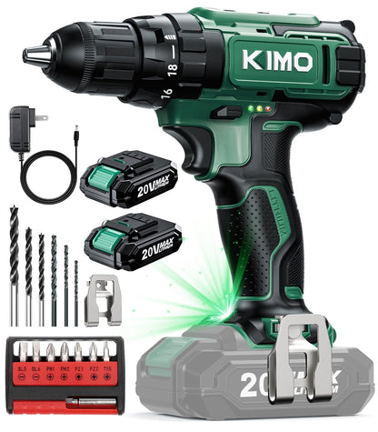 KIMO 20V Cordless Drill Set with 2 Packs 2.0Ah Battery, Max 350 In-lb Torque, 1350 RPM, 3/8" Keyless Chuck, 18+2 Clutch Setting, 18pcs Accessories, Power Drill for Drilling Wood Bricks Walls Metal