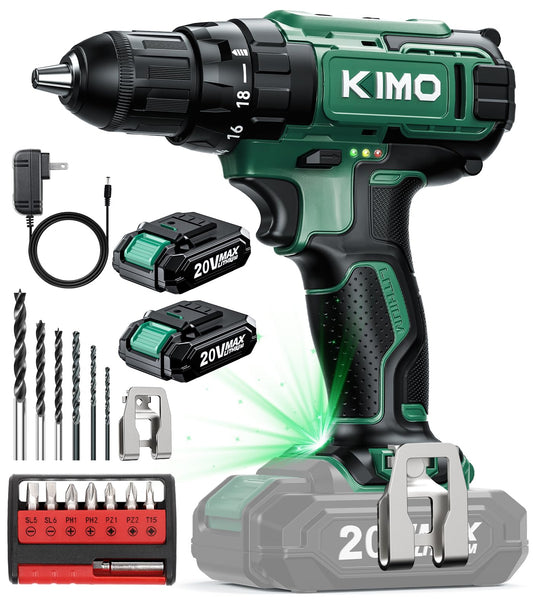 KIMO 20V Cordless Drill Set with 2 Packs 2.0Ah Battery, Max 350 In-lb Torque, 1350 RPM, 3/8" Keyless Chuck, 18+2 Clutch Setting, 18pcs Accessories, Power Drill for Drilling Wood Bricks Walls Metal