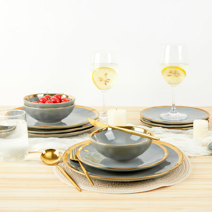 Pokini Porcelain Luxury Dinnerware Sets, Modern Plates and Bowls Sets for 4, Highly Chip and Crack Resistant, Grey and Gold Rim China Dishes Set for Wedding Anniversary