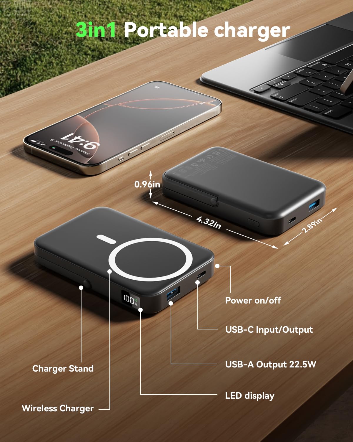 LENUTO for Magsafe Battery Pack 10000mAh Power Bank with Foldable Stand Portable Charger, PD 22.5W Fast Charge, Dual USB-C & USB-A Outputs, Wireless Charger for iPhone 16/15/14/13/12 Series–Black