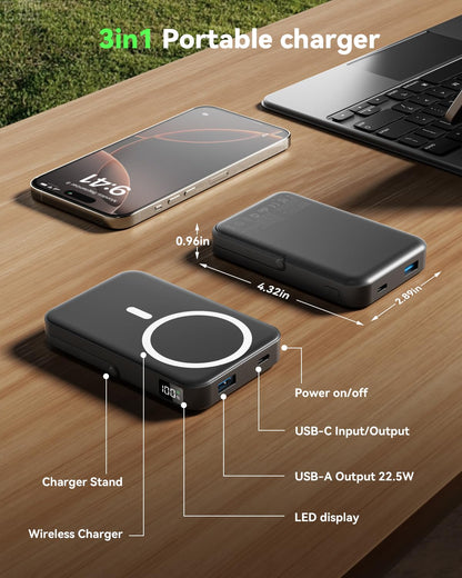 LENUTO for Magsafe Battery Pack 10000mAh Power Bank with Foldable Stand Portable Charger, PD 22.5W Fast Charge, Dual USB-C & USB-A Outputs, Wireless Charger for iPhone 16/15/14/13/12 Series–Black