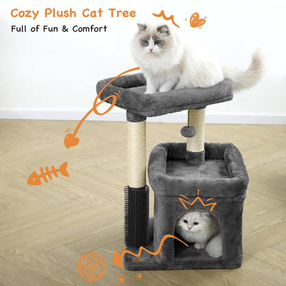Innsfurr Small Cat Tree for Indoor Cats, Cat Tower with Scratching Posts for Multiple Cats, Plush Cozy Perch, Cat Massage Brush, Activity Hanging Pompoms, Dark Grey