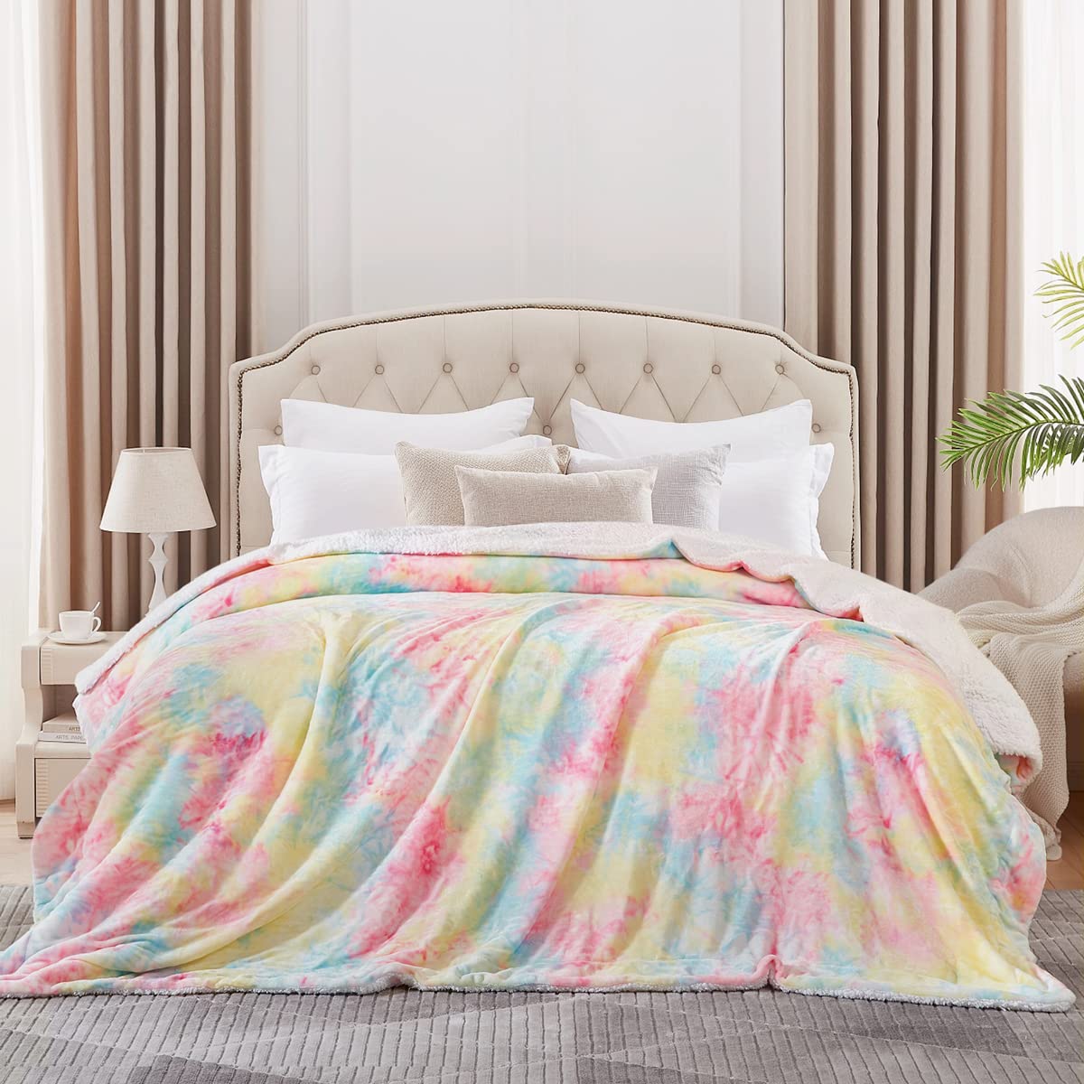 KAWAHOME Sherpa Fleece King Size Blanket for Bed - Extra Warm and Heavy Thick Blankets for Winter, Super Soft 500GSM Plush Blanket, 108" X 90" Rainbow