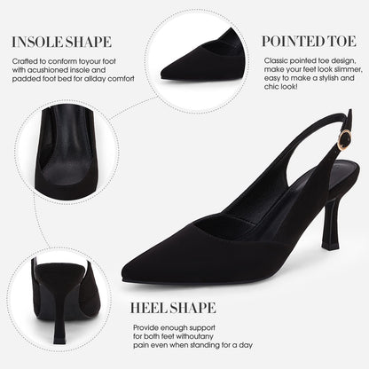 Rilista Womens Slingback Pumps Closed Pointed Toe Kitten Heel Sandals Wedding Evening Party Dress Shoes Black Suede