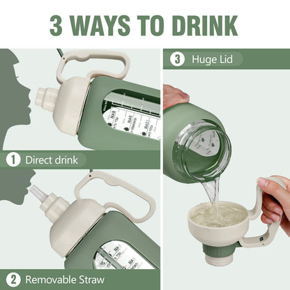 MUKOKO 64oz Glass Water Bottles with Straw, Half Gallon Water Jug with Time Marker, Sports Large Motivational Bottle with Silicone Sleeve, Olive