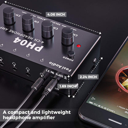 Fosi Audio PH04 4 Channel Headphone Amplifier Stereo Audio Amp with 12V 1A Power Adapter Ultra-Compact Portable Headphone Splitter for Studio and Stage