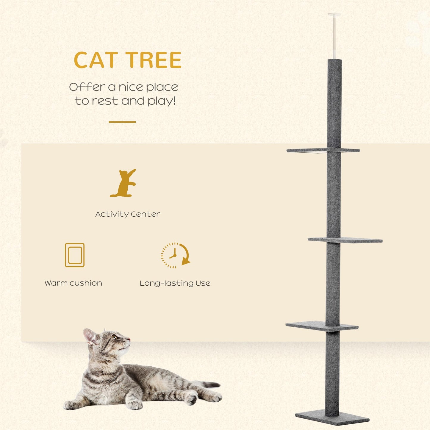 PawHut Floor-to-Ceiling Cat Tree Cat Climbing Tower with Sisal-Covered Scratching Posts Natural Cat Tree Activity Center for Kittens Cat Tower Furniture, Grey