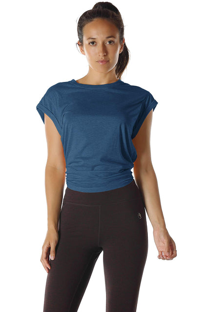 icyzone Open Back Workout Top Shirts - Yoga t-Shirts Activewear Exercise Tops for Women(Pack of 2) (S, Grey/Denim)