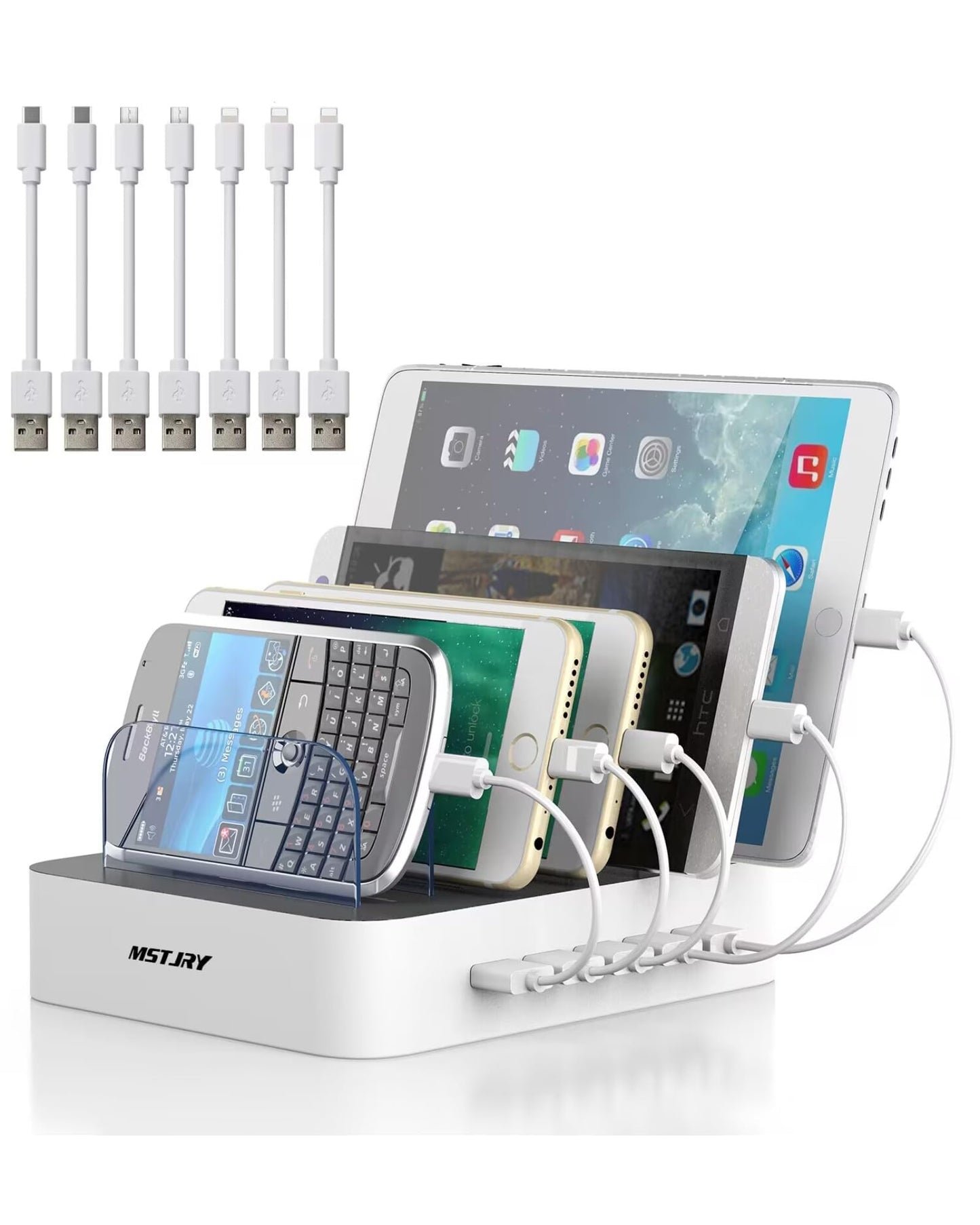 MSTJRY Charging Station for Multiple Devices : 5 Port Multi USB-A Charger Stations Multi-Device Organizer Charging Dock Designed for iPhone iPad Cell Phone Tablets (7 Short Cables Included)