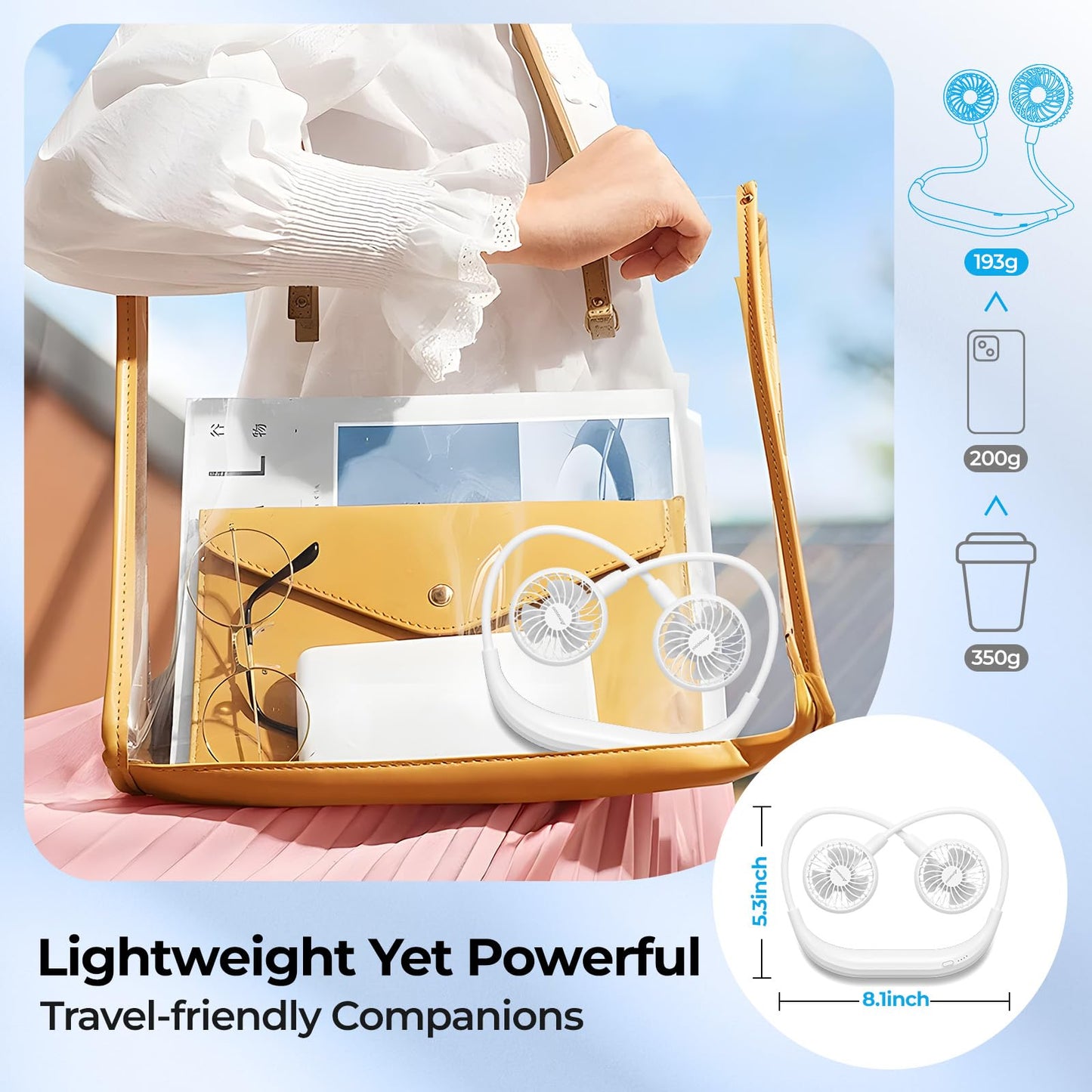 AMACOOL Neck Fan Battery Operated Neckband Fan Hand-Free Wearable Personal Fan for Hot Flashes Home Office Travel Outdoor Sports (White)