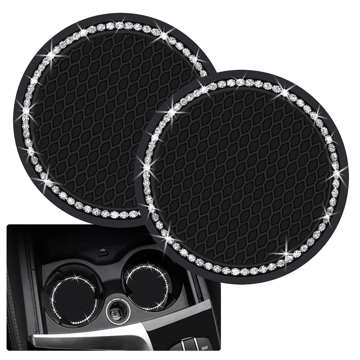 2PCS Bling Car Cup Coaster, 2.75 Inch Auto Cup Holder Insert Coasters Silicone Anti-Slip Crystal Rhinestone Drink Mat, Universal Vehicle Interior Accessories for Women Girls (Black)
