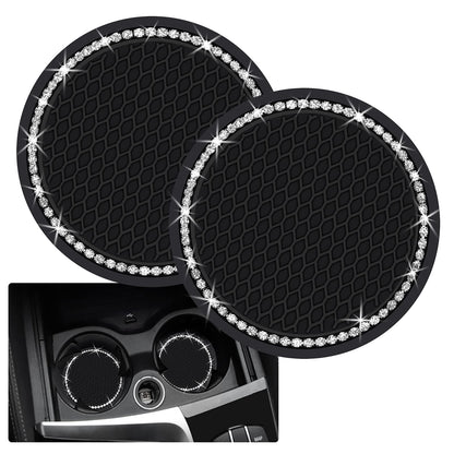 2PCS Bling Car Cup Coaster, 2.75 Inch Auto Cup Holder Insert Coasters Silicone Anti-Slip Crystal Rhinestone Drink Mat, Universal Vehicle Interior Accessories for Women Girls (Black)