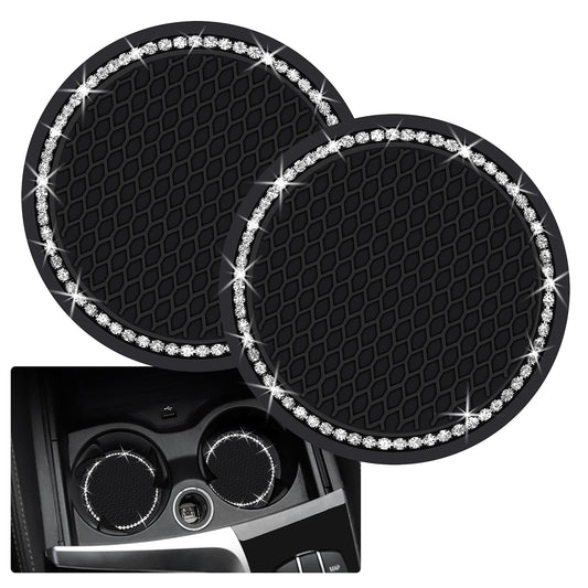 2PCS Bling Car Cup Coaster, 2.75 Inch Auto Cup Holder Insert Coasters Silicone Anti-Slip Crystal Rhinestone Drink Mat, Universal Vehicle Interior Accessories for Women Girls (Black)