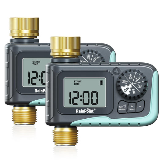 RAINPOINT Sprinkler Timer with Brass Inlet & Outlet, Programmable Hose Timer for Garden Soaker Hose with Rain Delay/Manual Watering System, Digital Drip Irrigation for Yard, Lawn(2PCS)