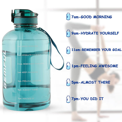 GEMFUL 3 Liter Water Bottle with Straw 101oz BPA-Free Leakproof Time Marker Handle for Gym Sports Large Motivational Jug for Men Women (Cyan with Removable Straw)