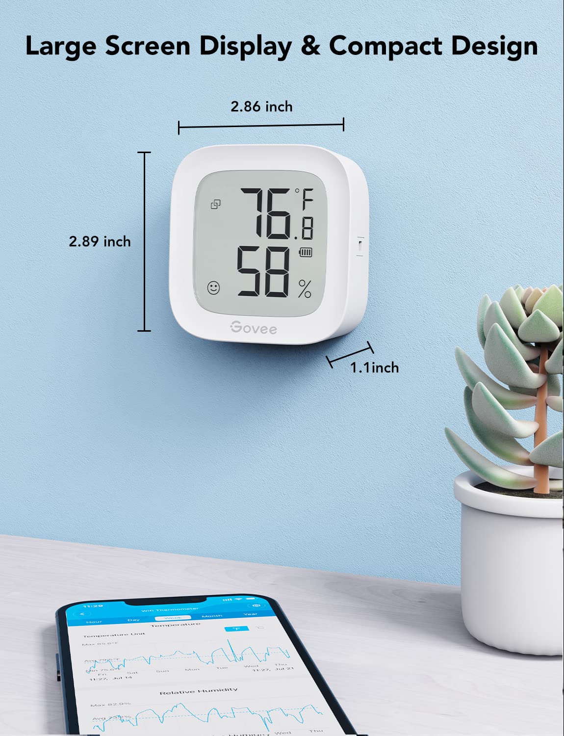 Govee WiFi Thermometer Hygrometer H5103, Indoor Bluetooth Temperature Humidity Sensor with Electronic Ink Display, App Notification Alert, Free Data Storage Export, Digital Remote Monitor for Bedroom