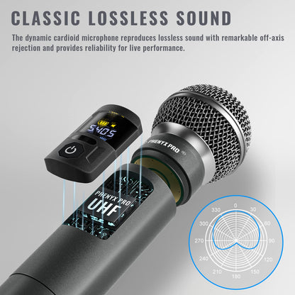 Phenyx Pro Wireless Microphone System, Metal Wireless Mic Set, Handheld Cordless Dynamic Microphones for Singing, Karaoke, Church, 2x30 UHF Tunable Frequencies,200 ft Range (PTU-52-2H)