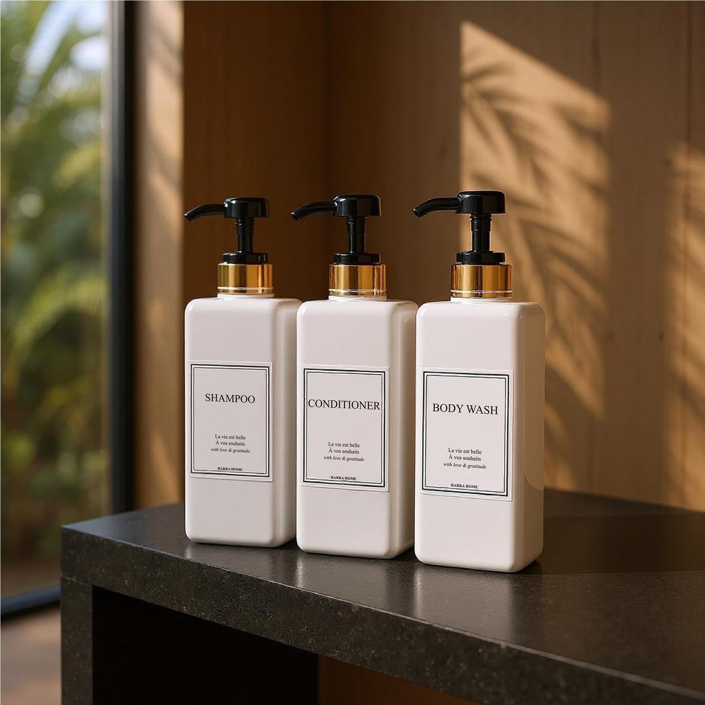 HARRA HOME Modern Gold Design 27 oz Shampoo and Conditioner Dispensers - Plastic Refillable Pump Bottle Set for Bathroom Shower Soap Dispenser, Set of 3 (Black)