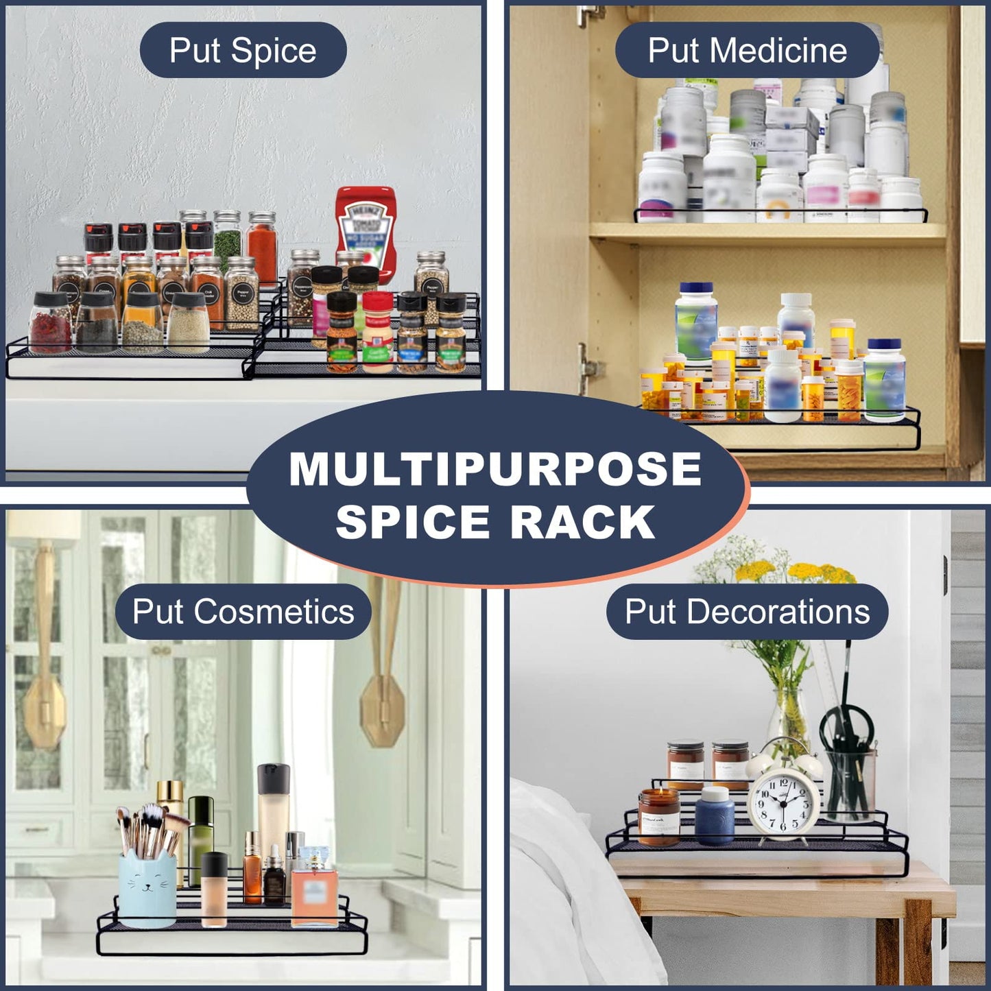 IFELS Spice Rack Organizer for Cabinet, 4 Tier Seasoning Organizer, Expandable Shelf,Step Storage Holder, Kitchen Cabinet Countertop,with Protection Railing, Metal (Black,4 Tier,2Pack)