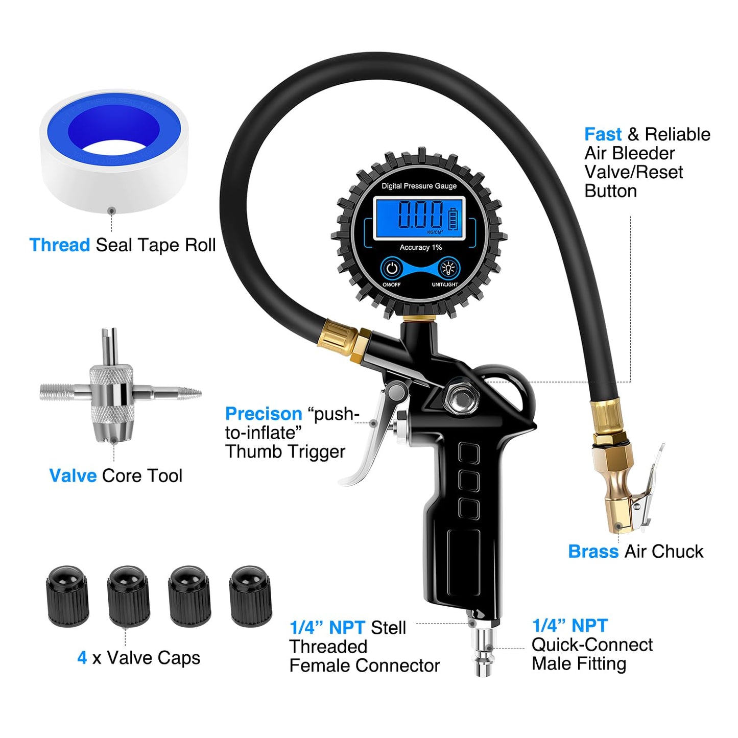 Nilight 50026R Digital Tire Inflator Pressure Gauge,250 PSI Air Chuck and Compressor Accessories Heavy Duty with Rubber Hose Quick Connect Coupler for 0.1 Display Resolution