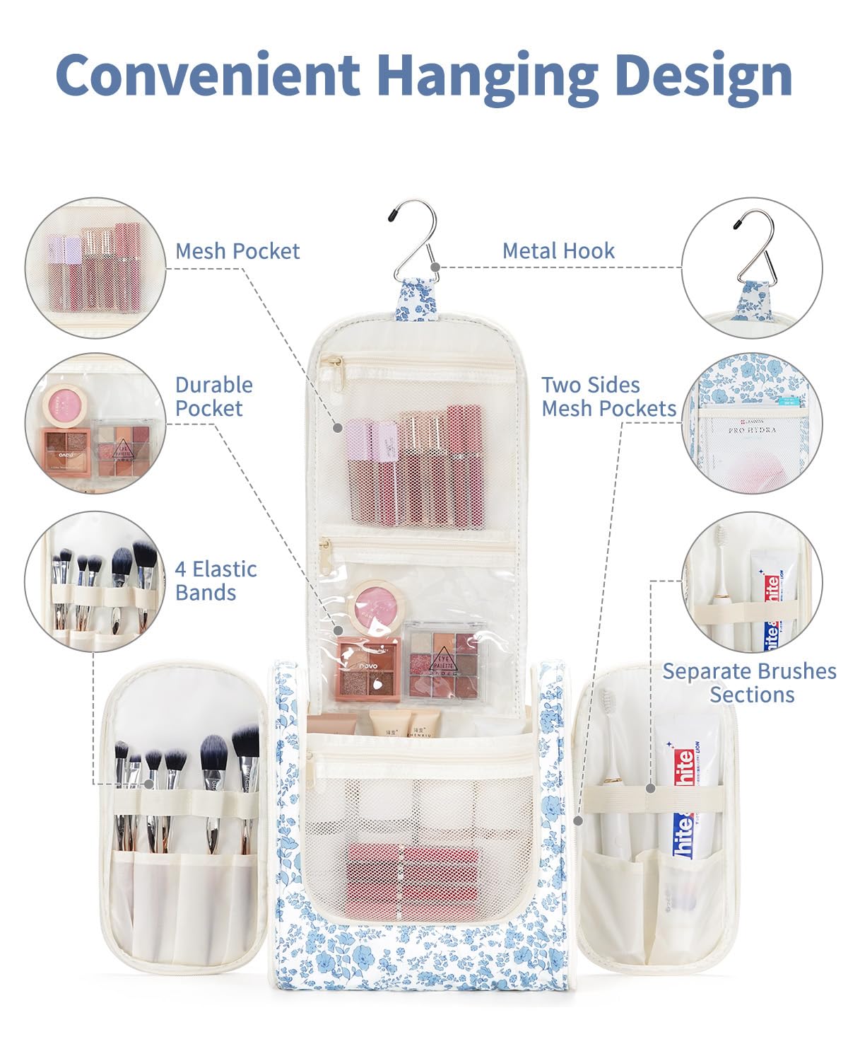 Narwey Hanging Toiletry Bag for Women Travel Makeup Bag Organizer Toiletries Bag for Cosmetics Essentials Accessories (Large, Little Blue Flower)