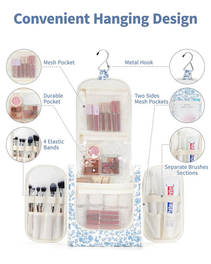 Narwey Hanging Toiletry Bag for Women Travel Makeup Bag Organizer Toiletries Bag for Cosmetics Essentials Accessories (Large, Little Blue Flower)
