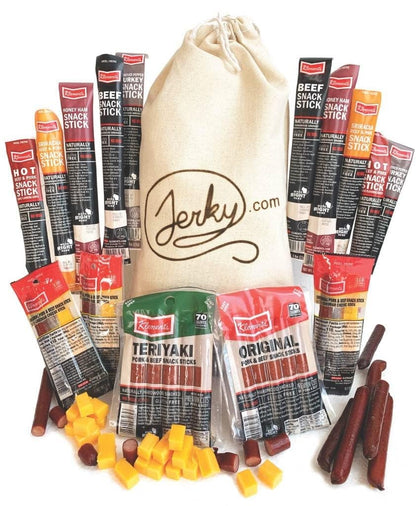 Jerky.com Gift Bag for Men | 26 Piece Meat Sticks Gift Basket with Beef Sticks, Pork, Turkey, Ham & Cheese Sticks | High Protein Snack Variety Pack | Gluten-Free Jerky Gifts for Men | Birthday Gift Basket for Him