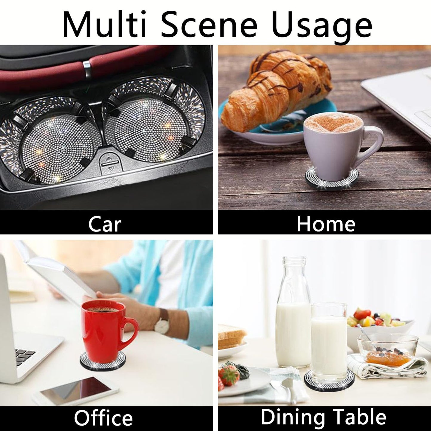 NBTEPEM 2pcs Bling Car Cup Holder Coaster, 2.75 inch Anti-Slip Shockproof Universal Fashion Coasters Insert Crystal Rhinestone Automotive Interior Accessories for Women (2 pcs, White)