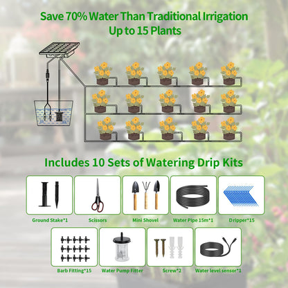 HEKIWAY 49FT Solar Drip Irrigation System, Auto Watering Kit for 15 Pots, Solar-Powered Plant Watering, 25 Timer Modes, 900ml/min Flow Indoor/Outdoor Garden, Balcony & Patio Irrigation System