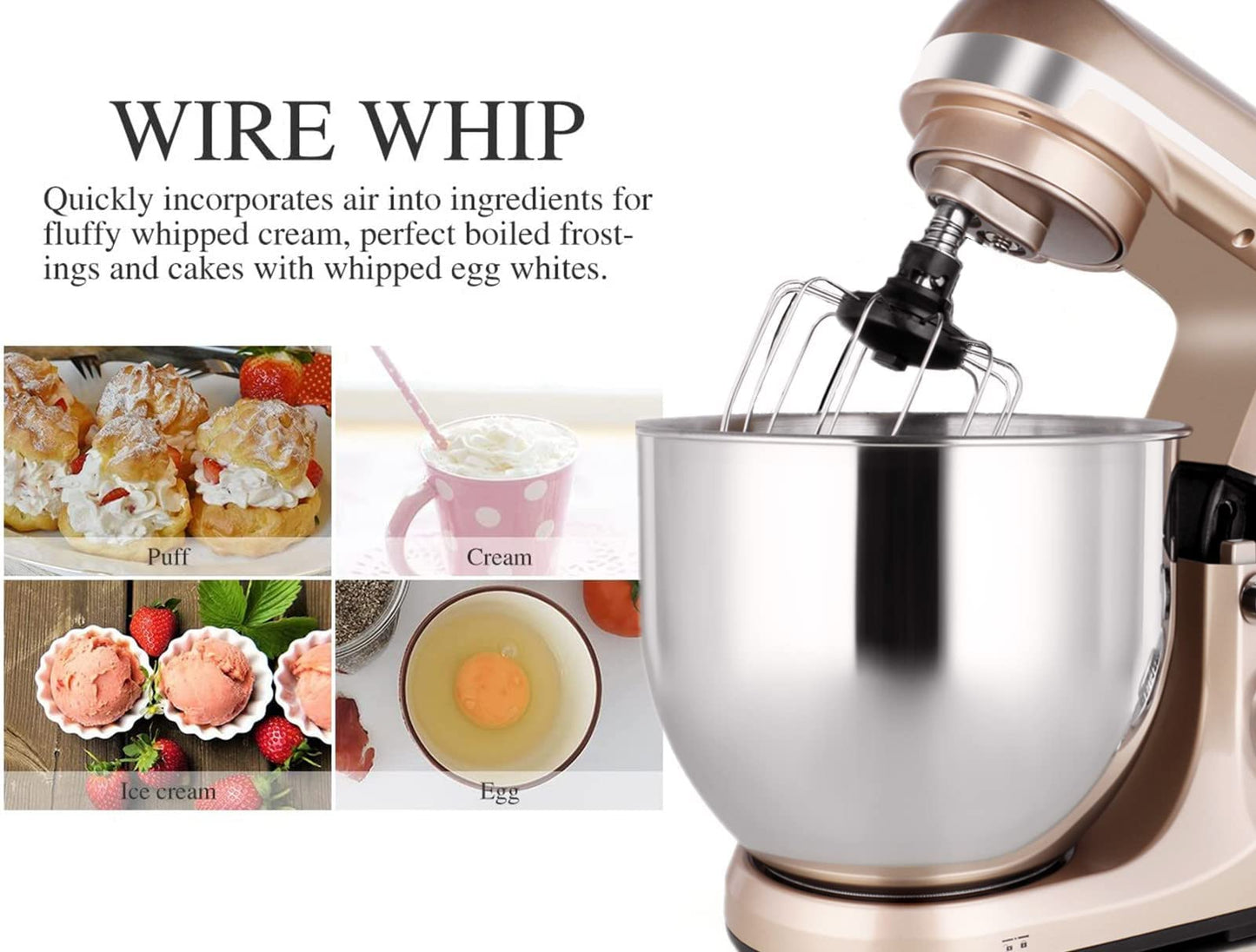 MURENKING Professional Stand Mixer, 6-Qt with Timer, MK37 500W 6-Speed Tilt-Head Food Electric Mixer Kitchen Machine,Plastic (Champagne)