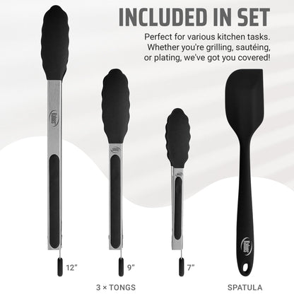 Kaluns Kitchen Tongs for Cooking Grilling Set of 4, BBQ Grill Tongs With Silicone Tip Stainless Steel Heat Resistant, Non-stick Pull Lock, Incl 7, 9, 12 Inch Tong Plus a Silicone Spatula