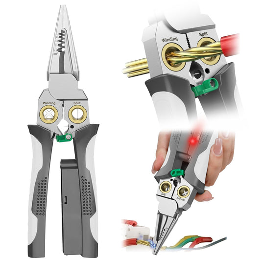 GADO Pro 8-in-1 Wire Crimper Stripper with Voltage Detector & Dual Alarms - Heavy Duty 12-250V AC/DC Tester for Hot/Neutral Wires - Electrician, HVAC, Car Repair Tool (Gray)