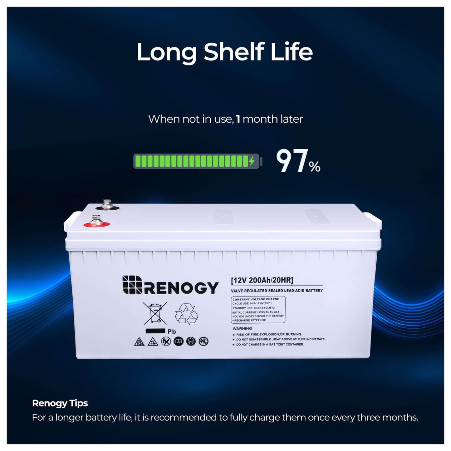 Renogy Deep Cycle AGM Battery 12 Volt 200Ah, 3% Self-Discharge Rate, 2000A Max Discharge Current, Safe Charge Most Home Appliances for RV, Camping, Cabin, Marine and Off-Grid System, Maintenance-Free