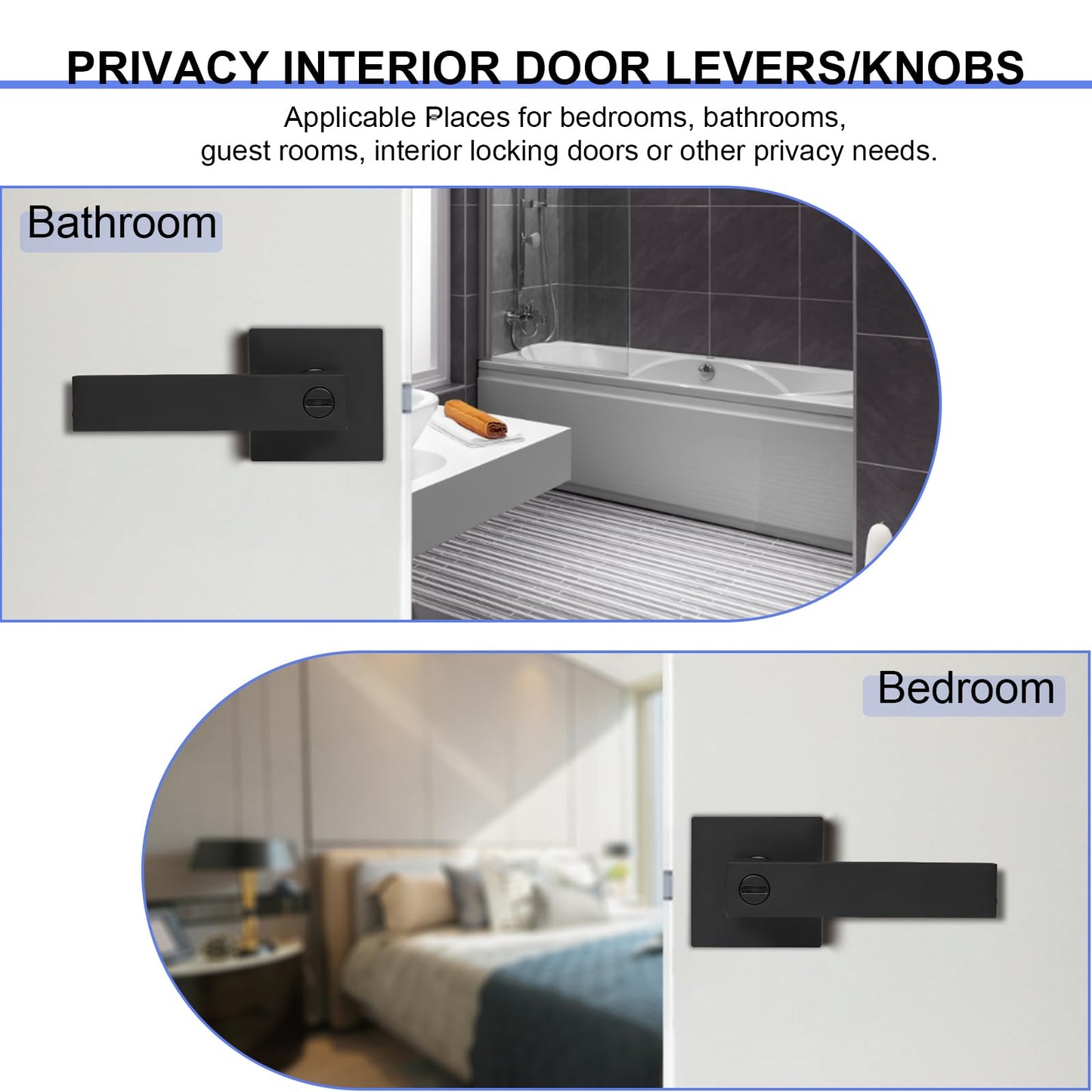 RAZCC Privacy Door Levers, 6 Pack Matte Black Door Handles, Bed and Bath Door Locksets Heavy Duty Keyless Interior Handles, Reversible for Left Right Handed Doors