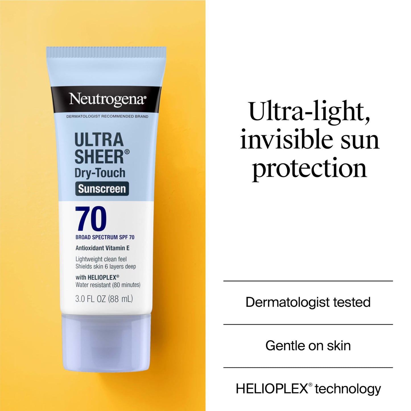 Neutrogena Ultra Sheer Dry-Touch Water Resistant and Non-Greasy Sunscreen Lotion with Broad Spectrum SPF 70, 3 Fl Oz (Pack of 1)