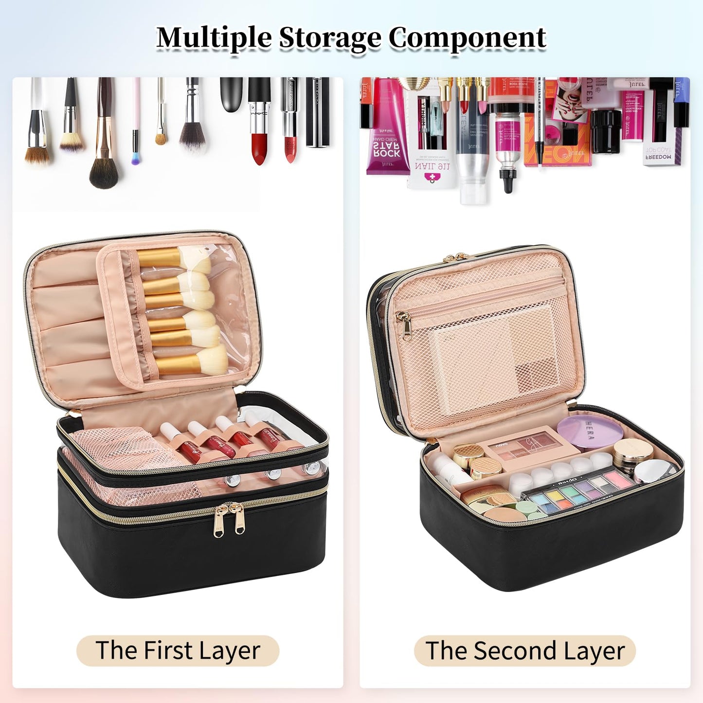 OCHEAL Makeup Bag, Double Layer Cosmetic Bag, Large Capacity Travel Makeup Organizer Bag, Make up Bags for Women and Girls Traveling Toiletry Bag With Handle and Divider-Black