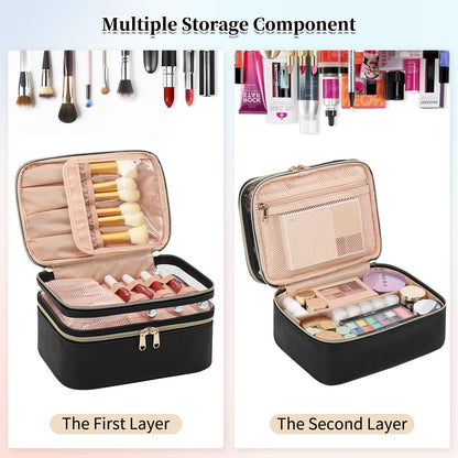 OCHEAL Makeup Bag, Double Layer Cosmetic Bag, Large Capacity Travel Makeup Organizer Bag, Make up Bags for Women and Girls Traveling Toiletry Bag With Handle and Divider-Black
