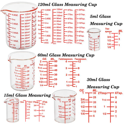 High Borosilicate Glass Measuring Cup Set-V-Shaped Spout，Includes 5ml/15ml/30ml/60ml/120ml/150ml/250ml Glass Measuring Beaker for Kitchen or Restaurant, Easy to Read(Pack of 7)