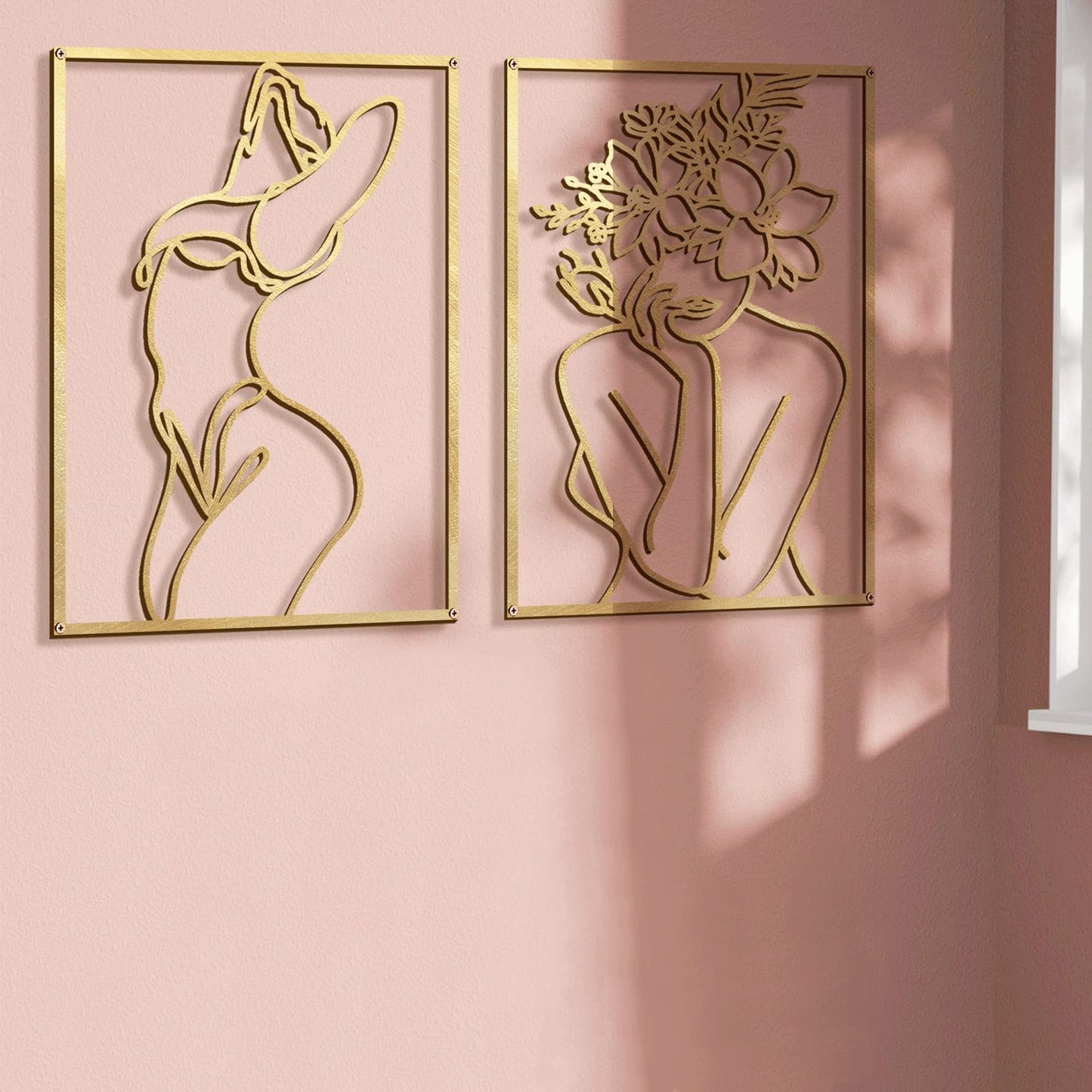 Glamativity 4 Pack Gold Wall Art Décor, Minimalist Single Line Real Metal Wall Art, Woman's Body Shape Abstract Wall Art (Gold Classic Style, 17 x 11.8'')