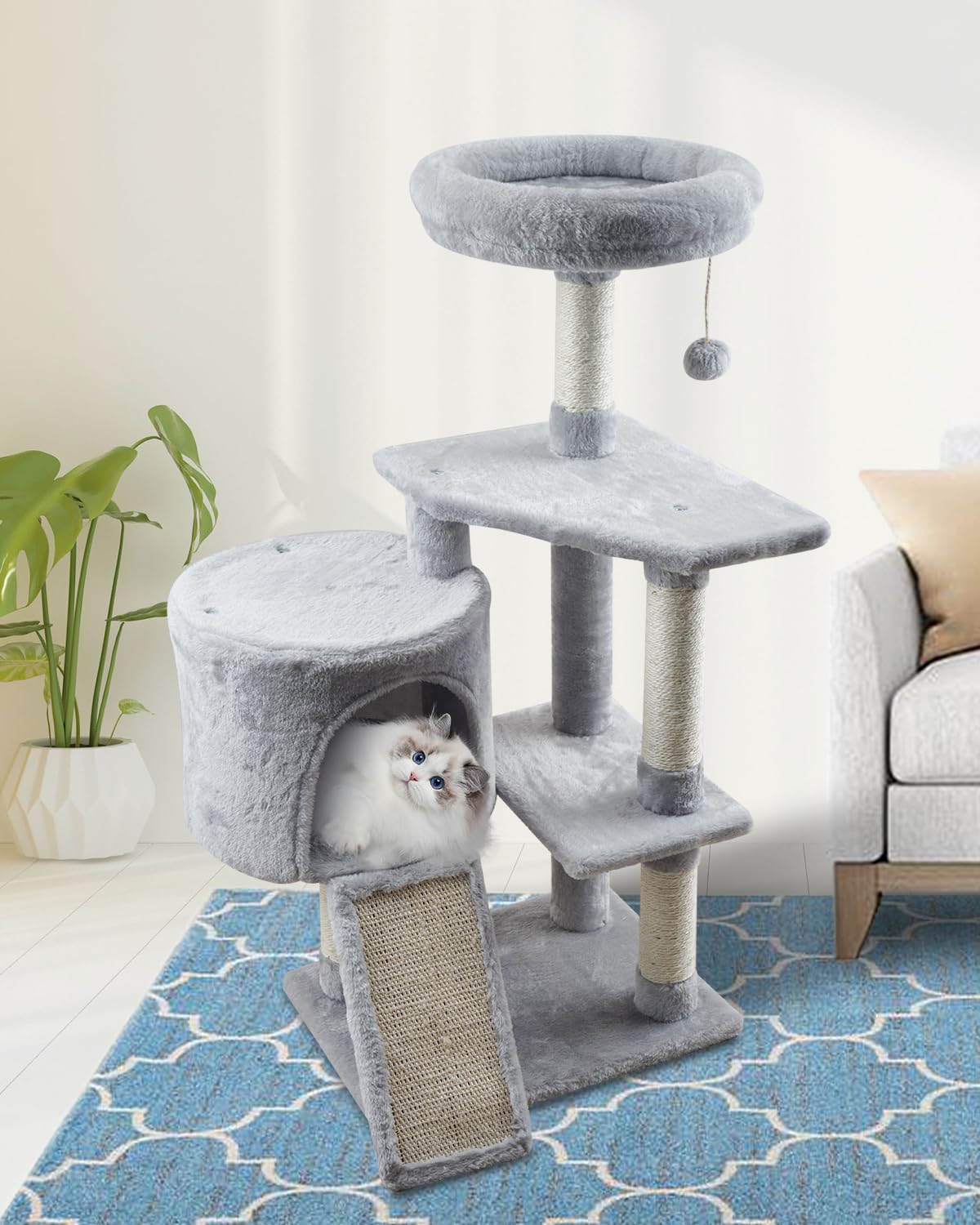 MIAO PAW Grey Cat Tree Tower for Indoor Cats Condo with Scratching Post Cat Tree for Large Medium Small Cat with Dangling Ball Stand for Kittens Activity Tower