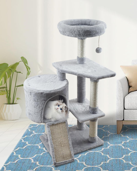 MIAO PAW Grey Cat Tree Tower for Indoor Cats Condo with Scratching Post Cat Tree for Large Medium Small Cat with Dangling Ball Stand for Kittens Activity Tower