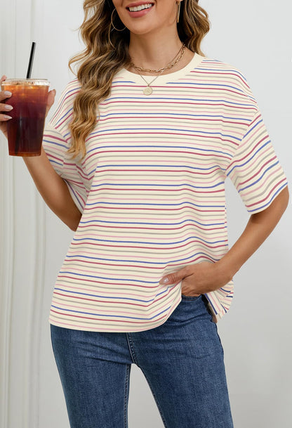 MEROKEETY Women's Summer Short Sleeve Shirt Casual Colourful Striped Crewneck Loose Tops Blouse, Beige, Medium