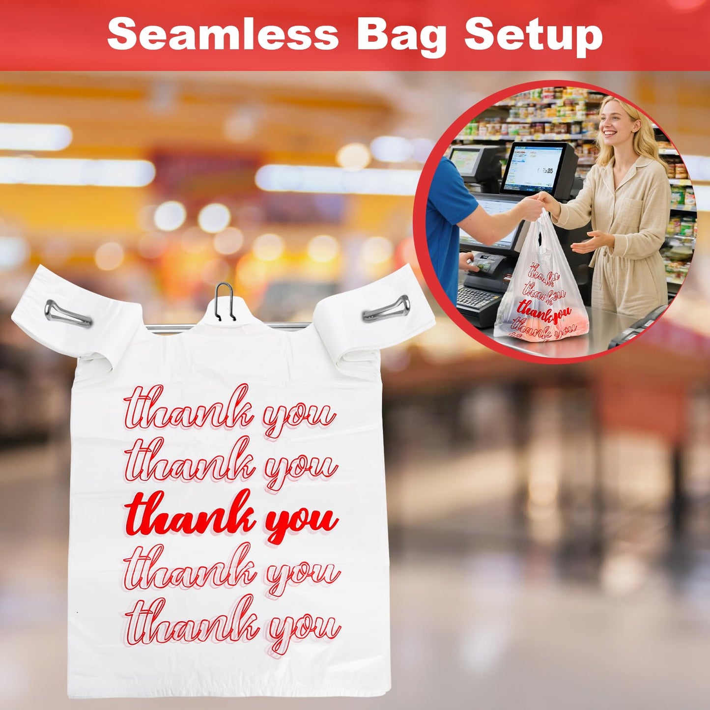Lawei 500 Count Thank You Bags Reusable Grocery Bag - 13 x 7 x 21 Inch Plastic T-Shirt Bags for Shopping, Restaurants, Catering (15mic, 0.6 Mil), Bulk Carryout Shopping Bags