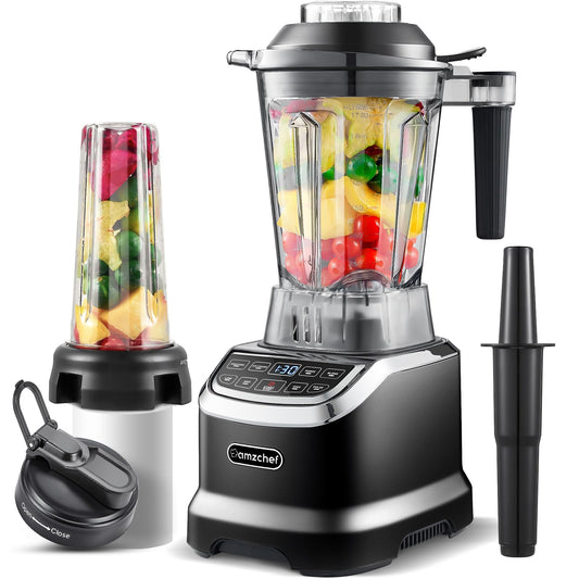 AMZCHEF Professional Blenders for Kitchen, 1800 W Smoothie Blender with 2 Blend Way, 4 Functions and 3 Speeds, 63 oz Blender for Smoothies, Frozen Drinks, Ice Cream, Soup, 20 oz blend bottle, Black