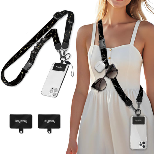 Icycay Phone Lanyard Crossbody, Black Marble Cell Phone Strap for Around The Neck Adjustable, Anti Theft Cute Lanyard for iPhone Case ID Holder Keys Accessories Travel Essential