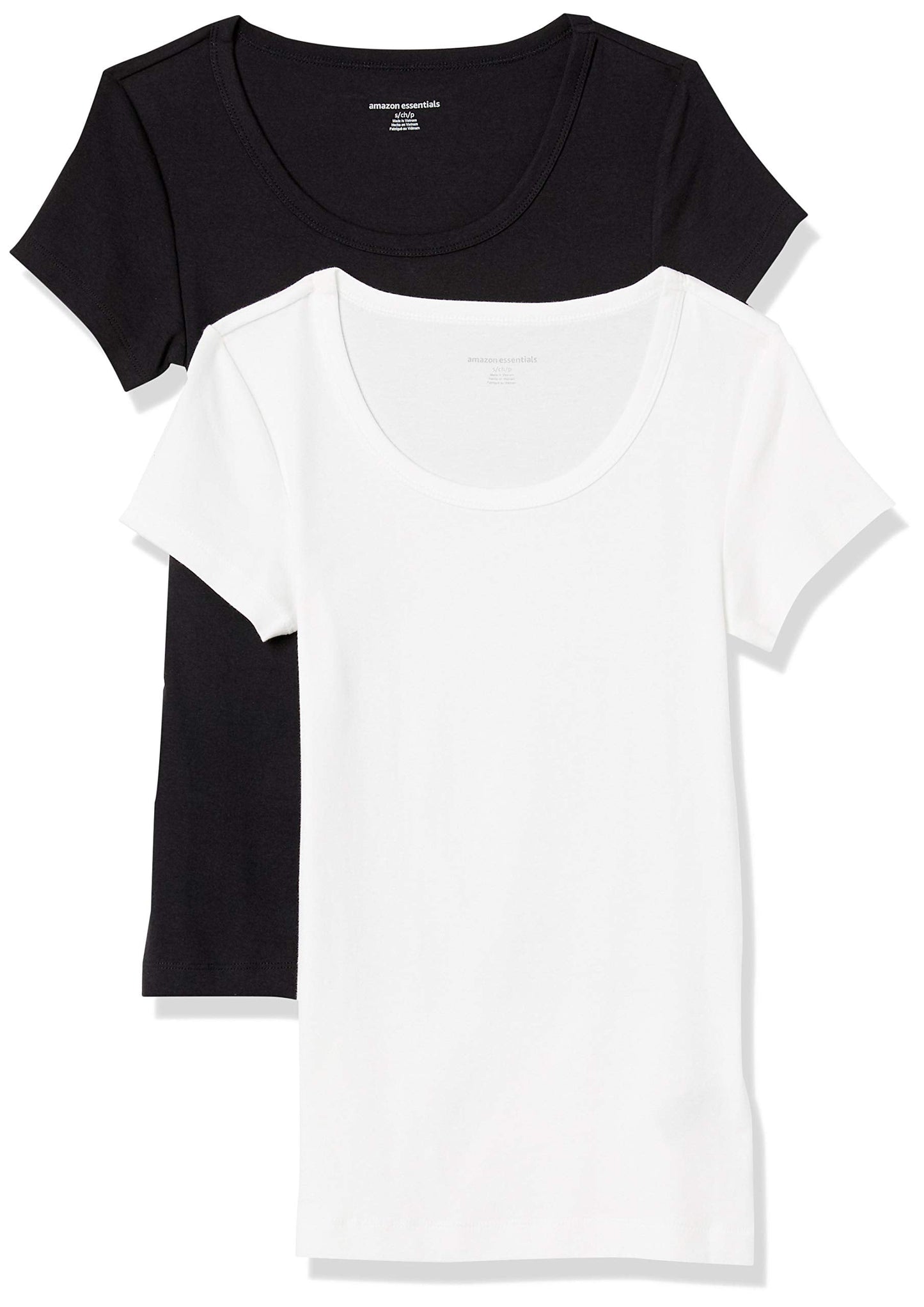 Amazon Essentials Women's Slim-Fit Cap-Sleeve Scoop Neck T-Shirt, Pack of 2, Black/White, Medium