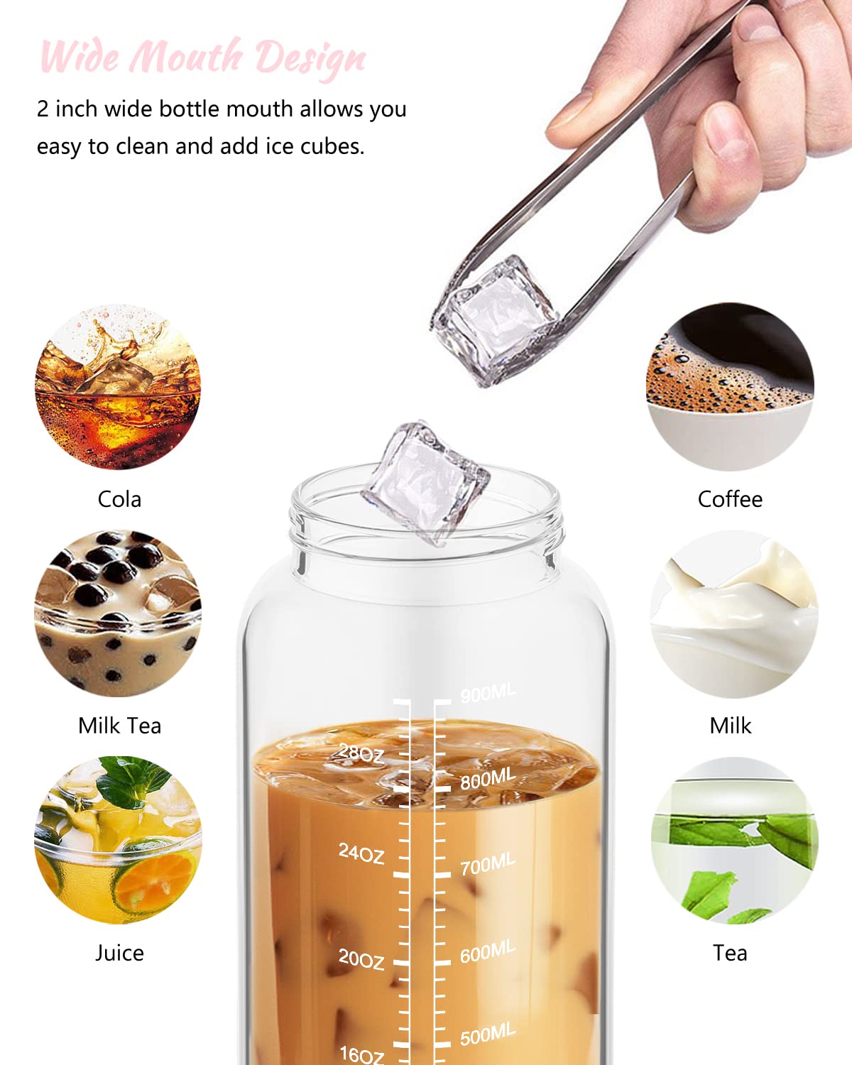 Nefeeko 32 oz Glass Water Bottles with Straw, Motivational Time Marker, 1 Liter BPA FREE Leakproof Reusable Bottle with Silicone Sleeve, Bamboo & Spout Lid