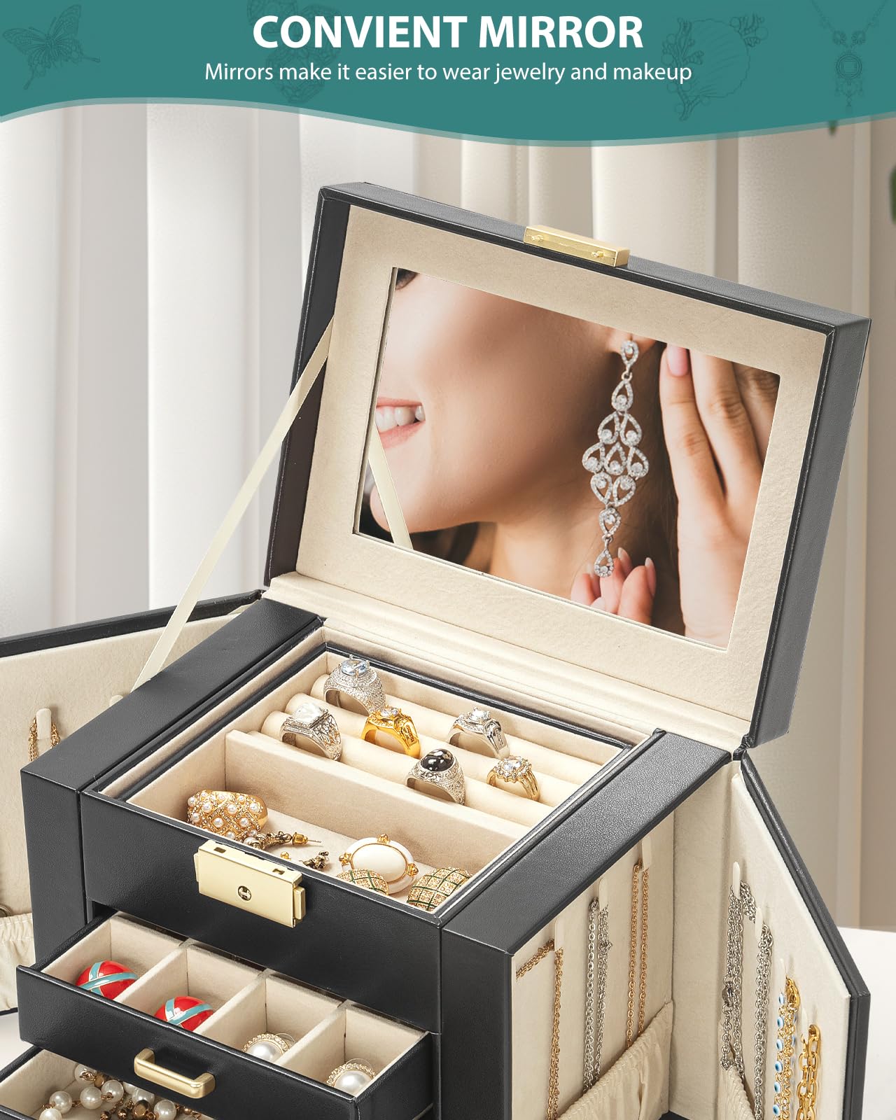 AKOZLIN 4-Tier Jewelry Box Leather Jewelry Storage Organizer with 3 Drawers Lockable for Women Girls Ring Necklace Earring Bracelet Holder with Mirror Black