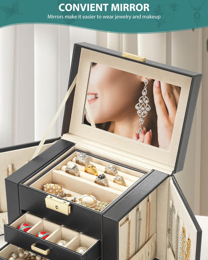 AKOZLIN 4-Tier Jewelry Box Leather Jewelry Storage Organizer with 3 Drawers Lockable for Women Girls Ring Necklace Earring Bracelet Holder with Mirror Black